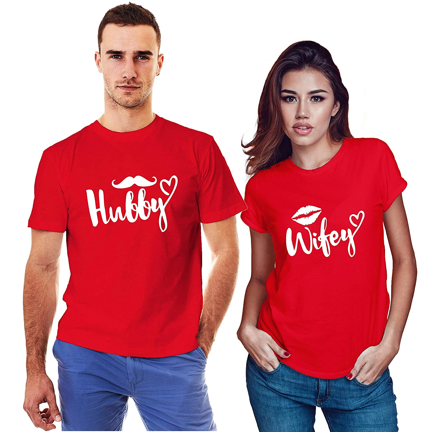 Unisex Cotton Hubby And Wifey Red Couple Round Neck T Shirt | Couple ...